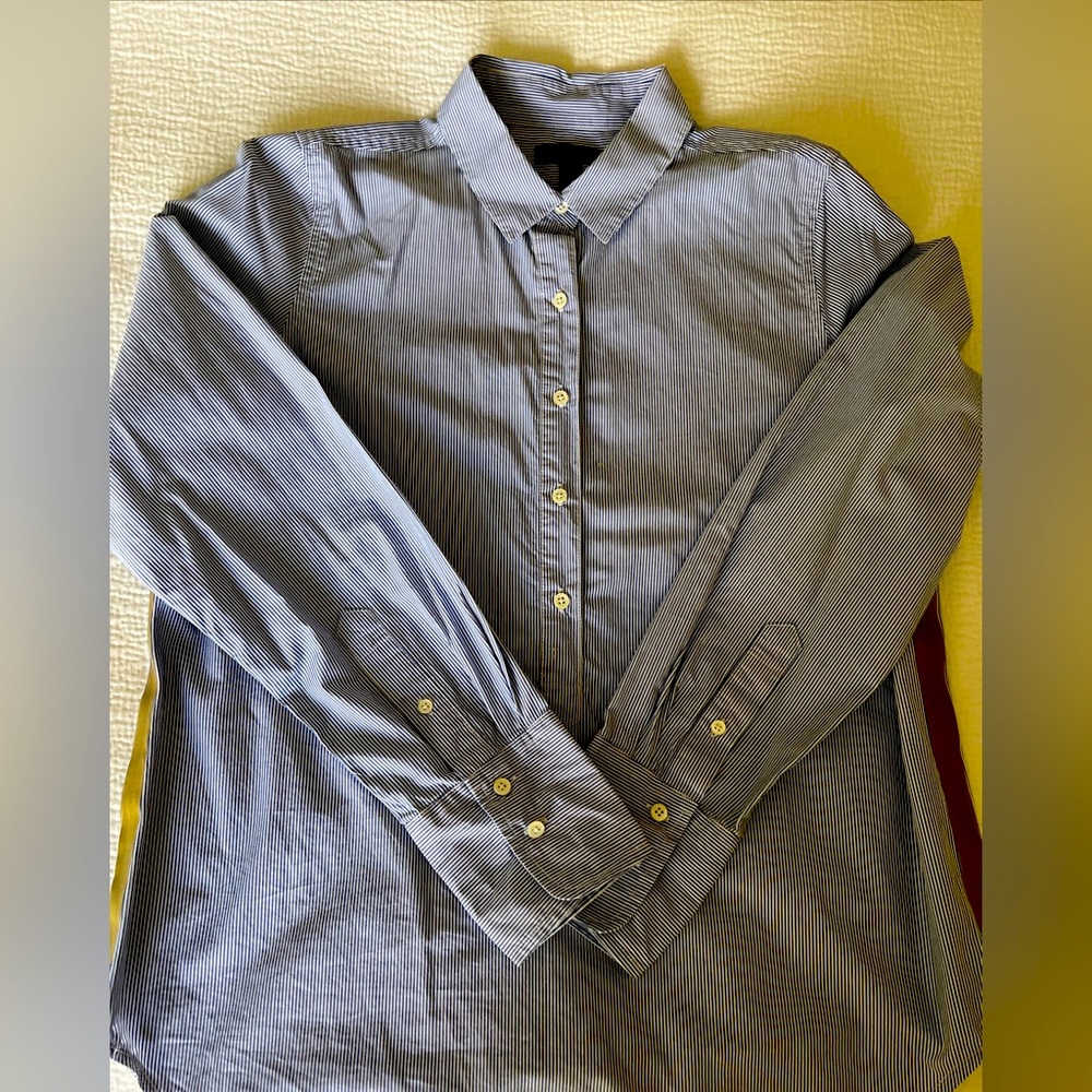 J.Crew Navy/White Pinstripe 1/2 Button-Down Shirt With Gold Strip Down Sides